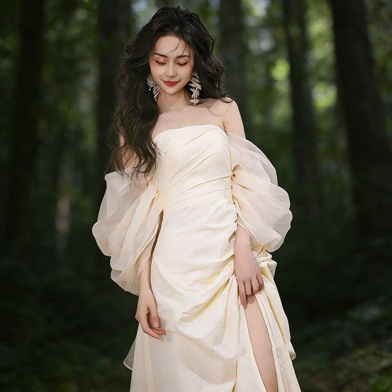 Minimalistisch Brautkleid Satin Trägerlos Statement-Ärmel Modern Edel Standesamt Weiß Creme 32-44