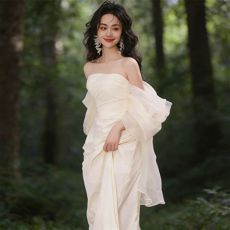 Minimalistisch Brautkleid Satin Trägerlos Statement-Ärmel Modern Edel Standesamt Weiß Creme 32-44