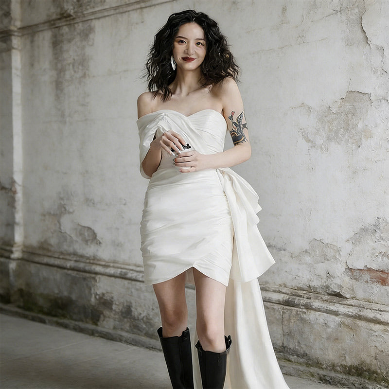 Modern Brautkleid Kurz Satin Asymmetrisch Schleppe Edel Standesamt Party Sexy Weiß Creme 32-44