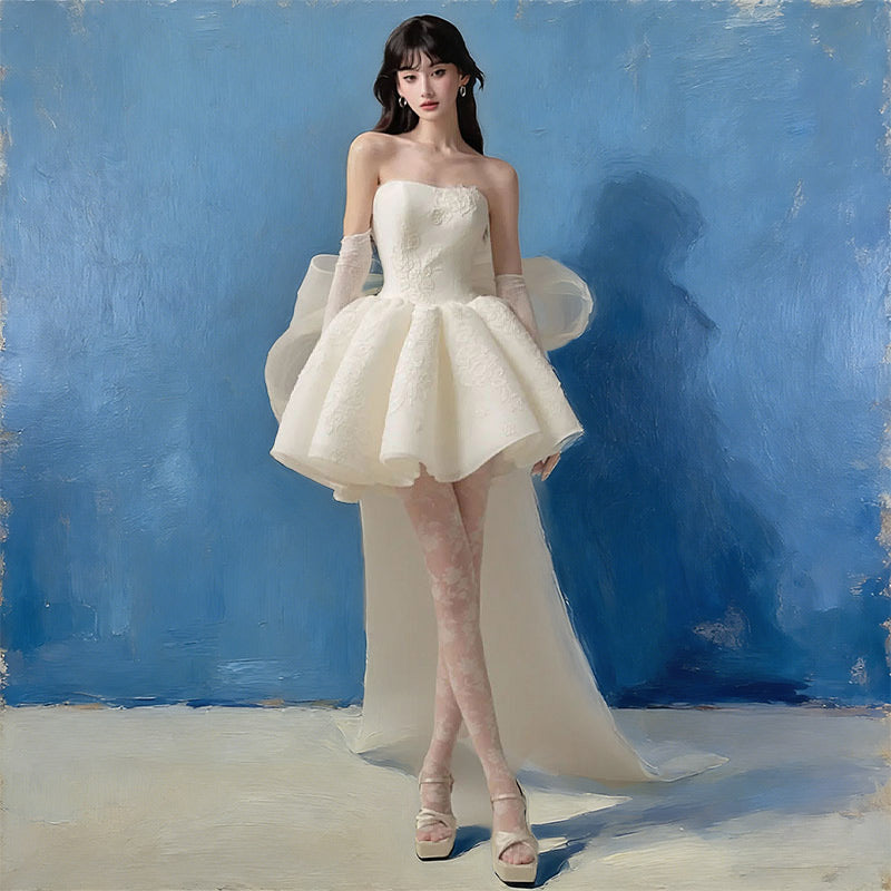 Modern Brautkleid Kurz Spitze Puffrock Riesen-Schleife Balletcore Edel Standesamt Party Weiß 32-44