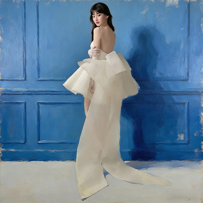 Modern Brautkleid Kurz Spitze Puffrock Riesen-Schleife Balletcore Edel Standesamt Party Weiß 32-44