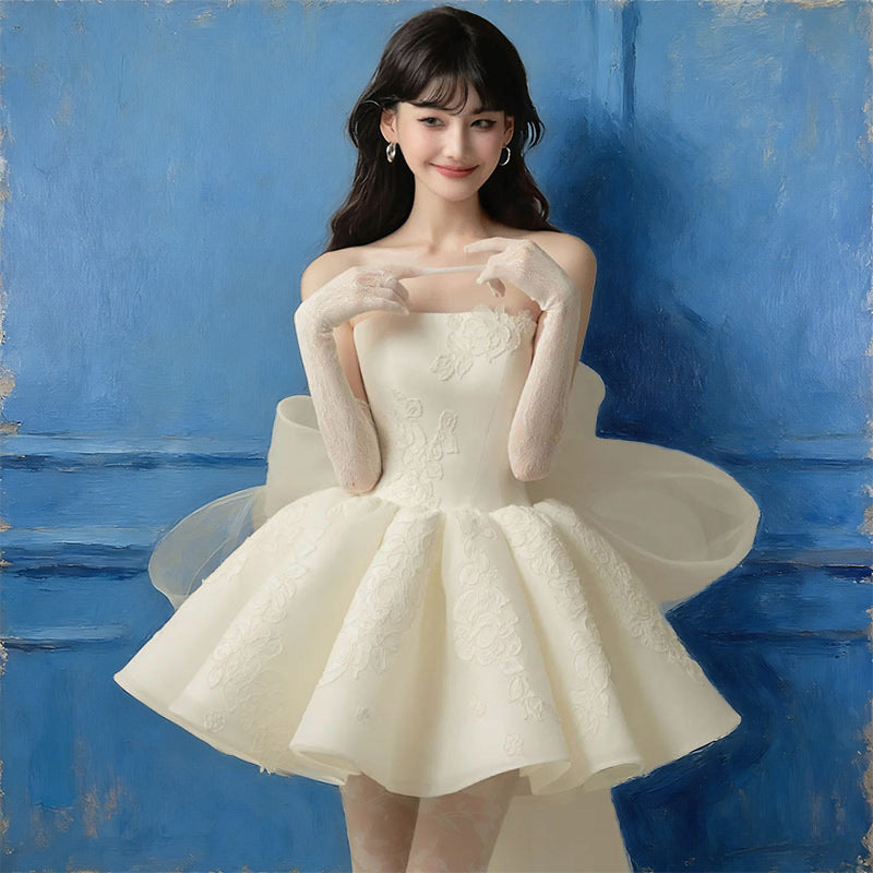 Modern Brautkleid Kurz Spitze Puffrock Riesen-Schleife Balletcore Edel Standesamt Party Weiß 32-44