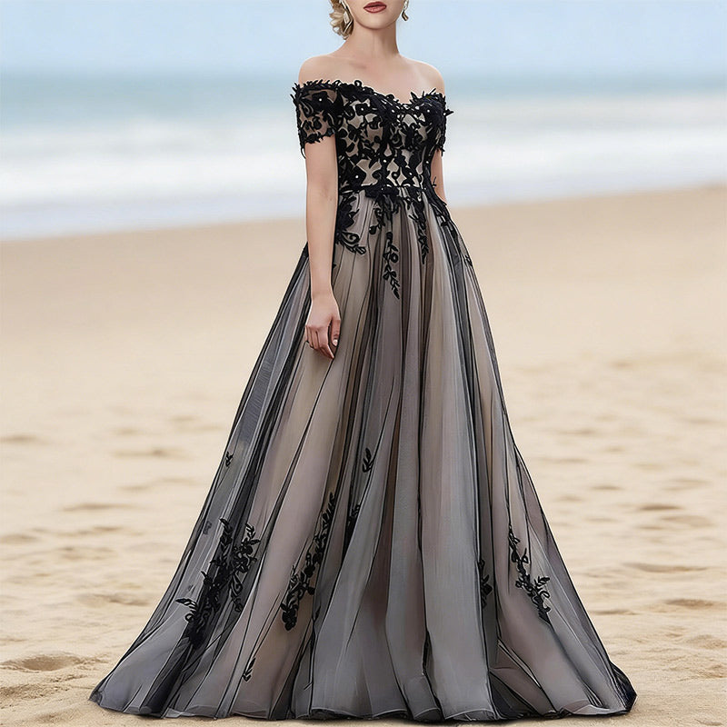 Luxus Gothic Brautkleid Schwarz Spitze Off-Shoulder A-Linie Edel Abendkleid Elegant Party 2-24W