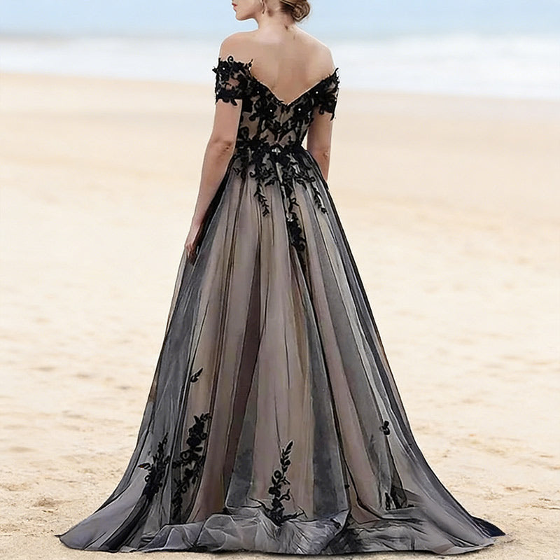Luxus Gothic Brautkleid Schwarz Spitze Off-Shoulder A-Linie Edel Abendkleid Elegant Party 2-24W