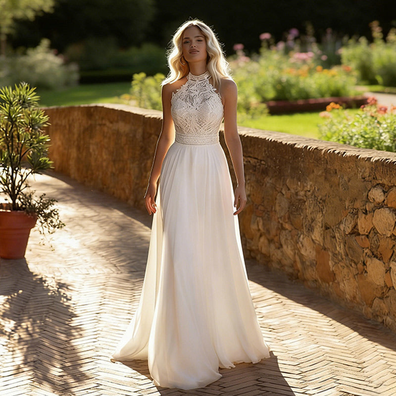 Boho Brautkleid Neckholder Spitze A-Linie Edel Chiffon Standesamt Outdoor Weiß Creme 2-24W