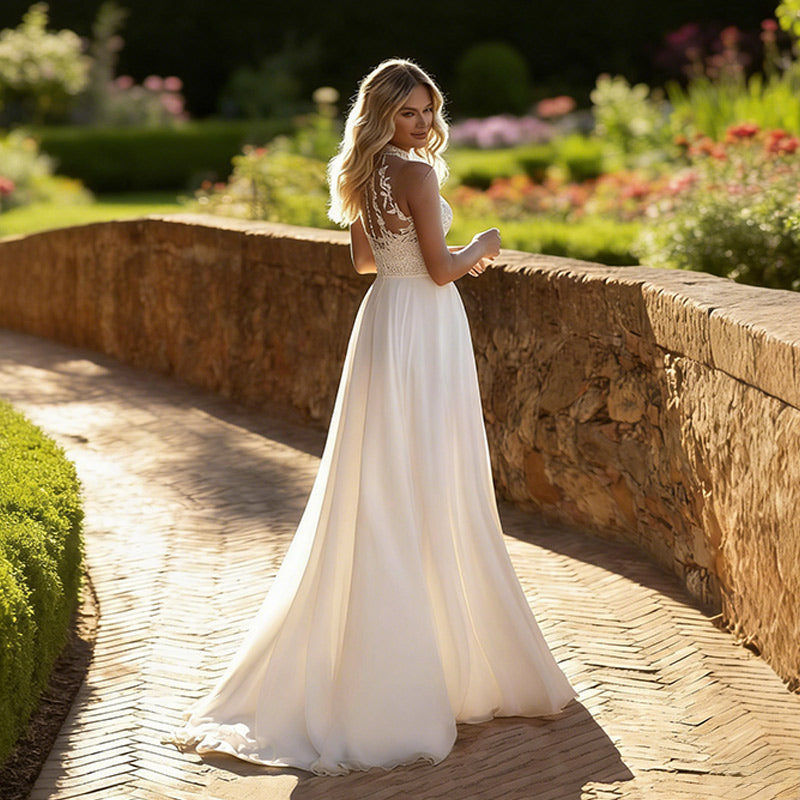 Boho Brautkleid Neckholder Spitze A-Linie Edel Chiffon Standesamt Outdoor Weiß Creme 2-24W