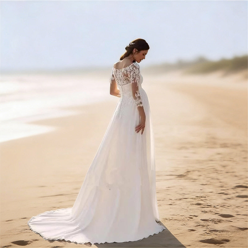 Modern Brautkleid 3D-Blüten Satin Tüll-Einsatz Transparent Edel Standesamt Party Weiß Creme 2-24W