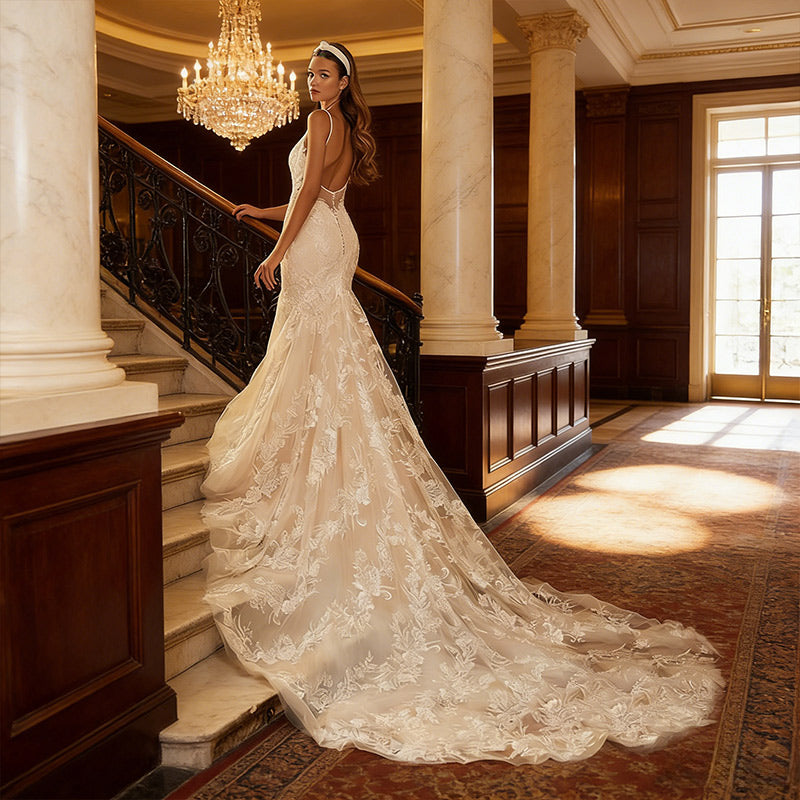 BHstyle Elegant Ball-Gown Spitze Meerjungfrau Langarm Rückenfrei Edel Kirche Hochzeit Abend Weiß 2-24W