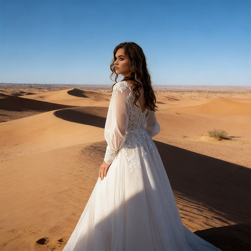 BHstyle Modern Ball-Gown A-Linie Spitze Langarm Schlitz Edel Boho Anlassmode Strandhochzeit Weiß 2-24W