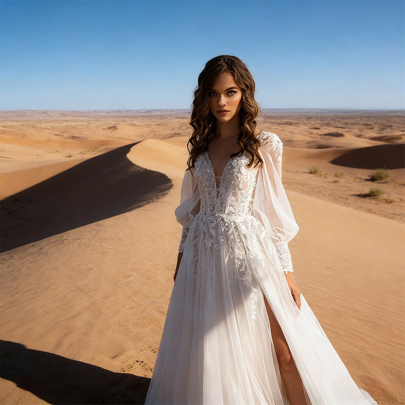 BHstyle Modern Ball-Gown A-Linie Spitze Langarm Schlitz Edel Boho Anlassmode Strandhochzeit Weiß 2-24W