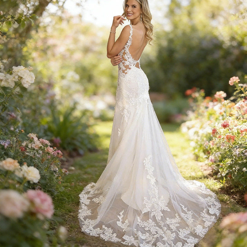 BHstyle Boho Ball-Gown Meerjungfrau Spitze V-Ausschnitt Edel Anlassmode Strand Sexy Weiß Ivory 2-24W