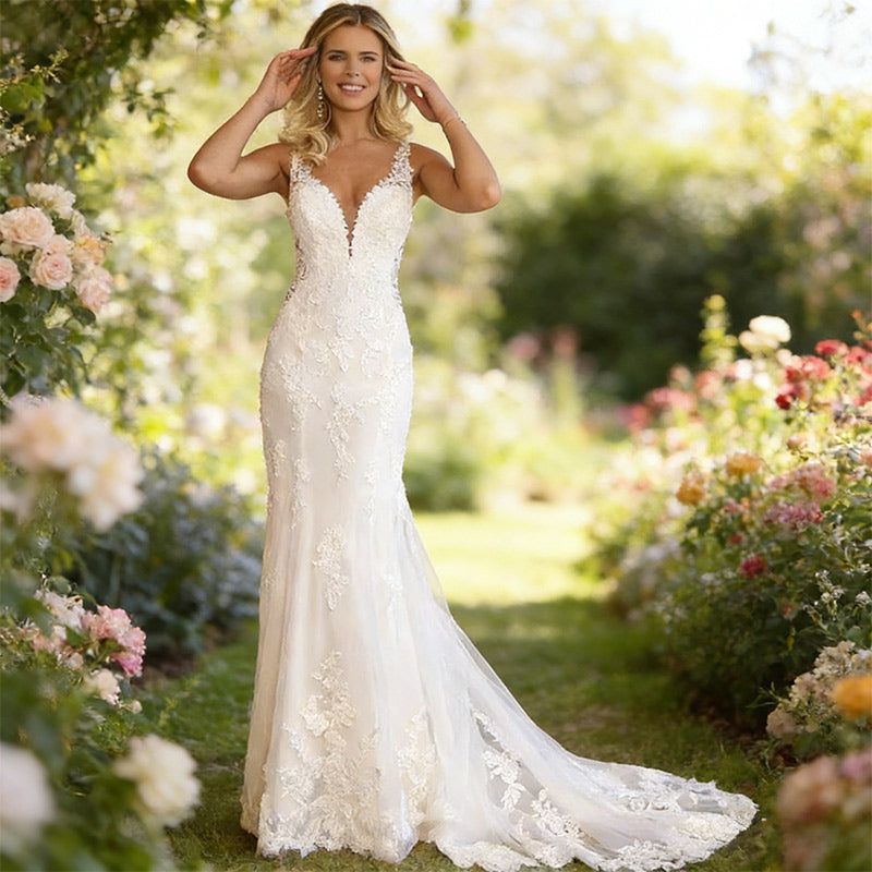 BHstyle Boho Ball-Gown Meerjungfrau Spitze V-Ausschnitt Edel Anlassmode Strand Sexy Weiß Ivory 2-24W