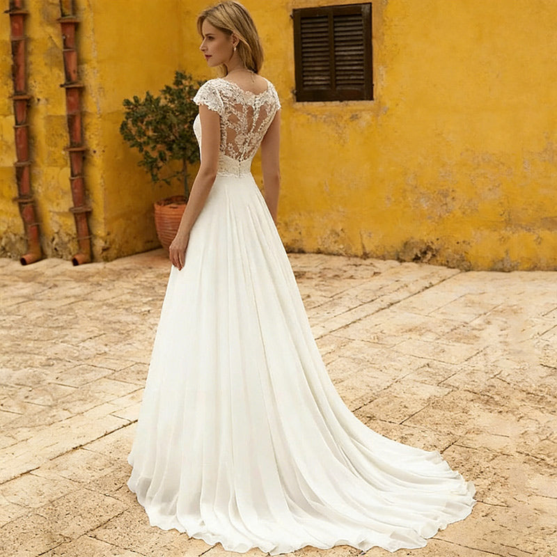 BHstyle Ball-Gown A-Linie Spitze Cap-Sleeves Edel Chiffon Anlassmode Kirche Romantisch Weiß 2-24W