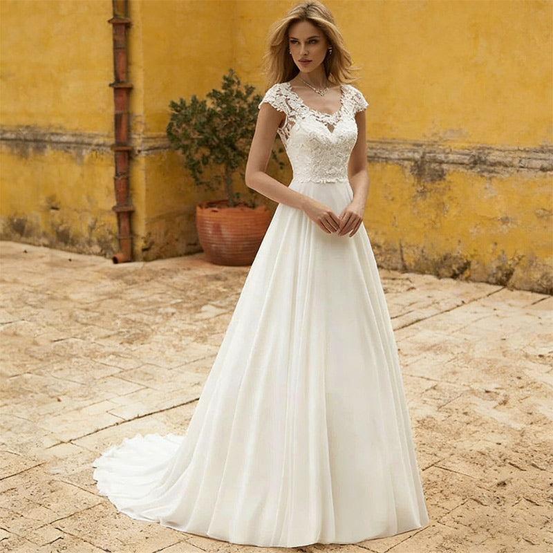 BHstyle Ball-Gown A-Linie Spitze Cap-Sleeves Edel Chiffon Anlassmode Kirche Romantisch Weiß 2-24W