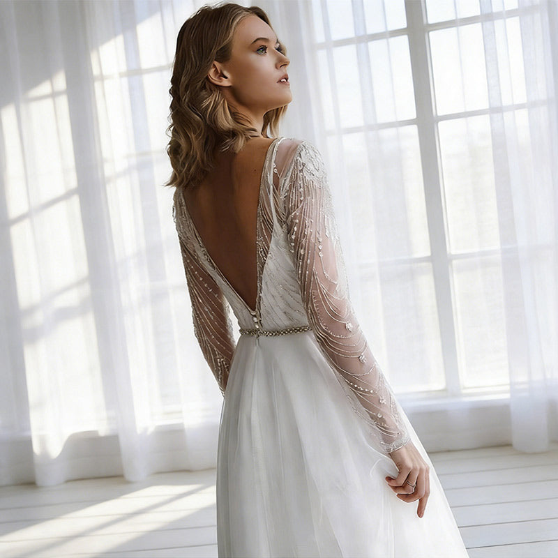 BHstyle Modern Ball-Gown Kurz Glitzer Perlen Langarm Midi Tüllrock Edel Anlassmode Anlassmodelich Weiß 2-24W