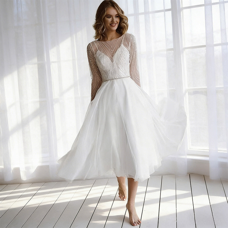 BHstyle Modern Ball-Gown Kurz Glitzer Perlen Langarm Midi Tüllrock Edel Anlassmode Anlassmodelich Weiß 2-24W
