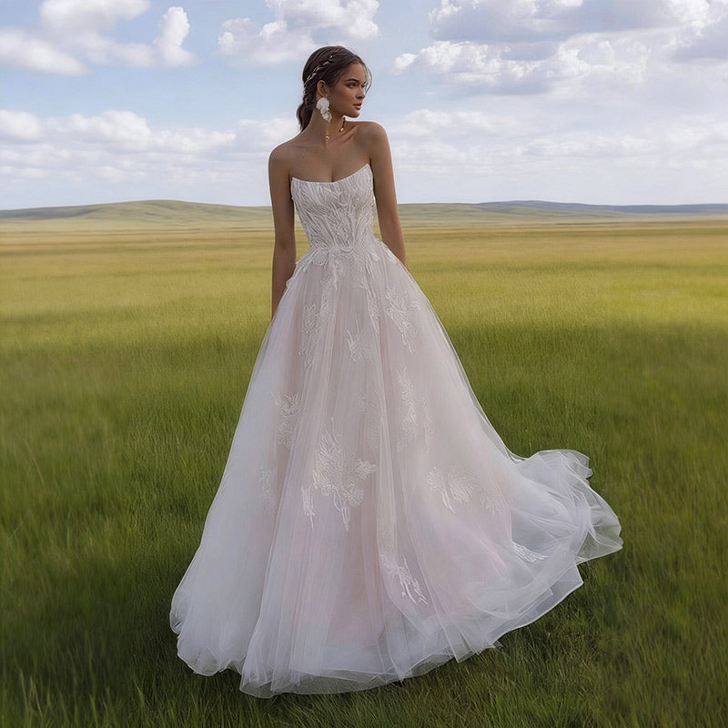 BHstyle Luxus Ball-Gown 3D-Blüten V-Ausschnitt Glitzer Edel Kirche Hochzeit Abend 2-24W