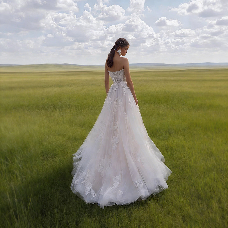 BHstyle Luxus Ball-Gown 3D-Blüten V-Ausschnitt Glitzer Edel Kirche Hochzeit Abend 2-24W