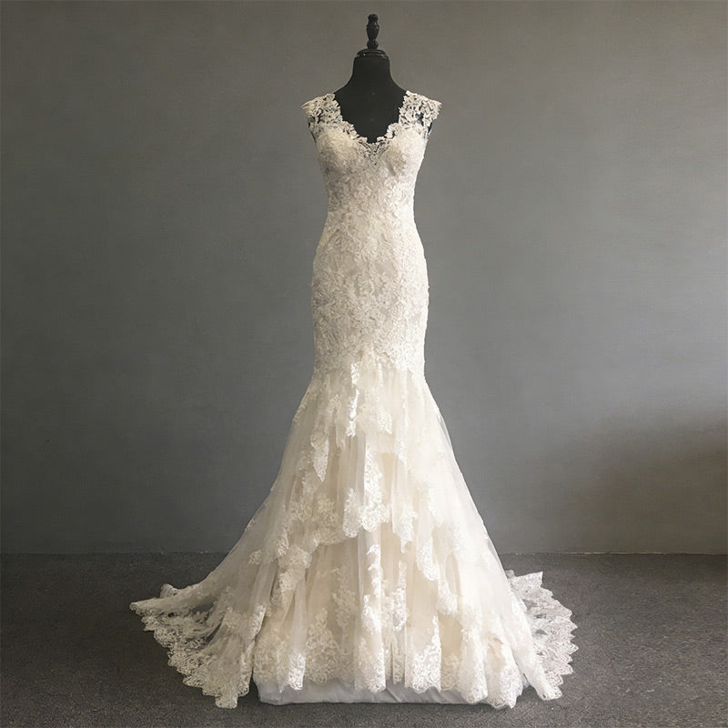 BHstyle Elegantes Ball-Gown A-Linie Spitze V-Ausschnitt Chiffon Edel Anlassmode Strand Weiß Boho 2-24W