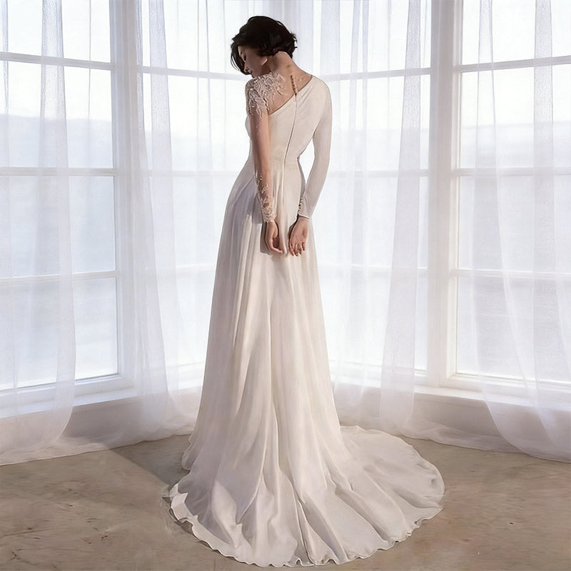 BHstyle Modern Ball-Gown Ein-Schulter Beinschlitz Edel Satin Bestickt Langarm Anlassmode Weiß Sexy 2-24W