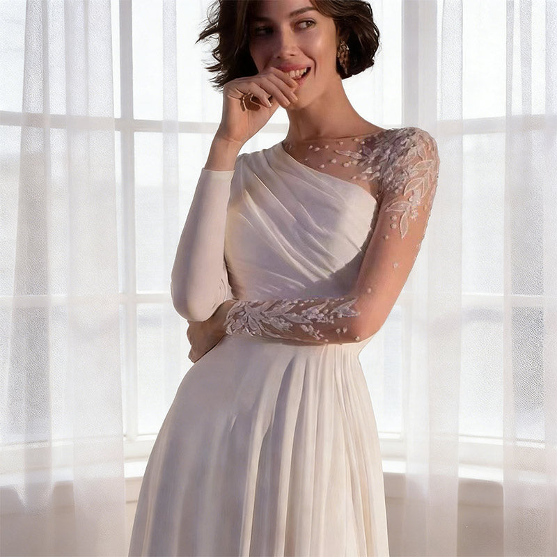 BHstyle Modern Ball-Gown Ein-Schulter Beinschlitz Edel Satin Bestickt Langarm Anlassmode Weiß Sexy 2-24W