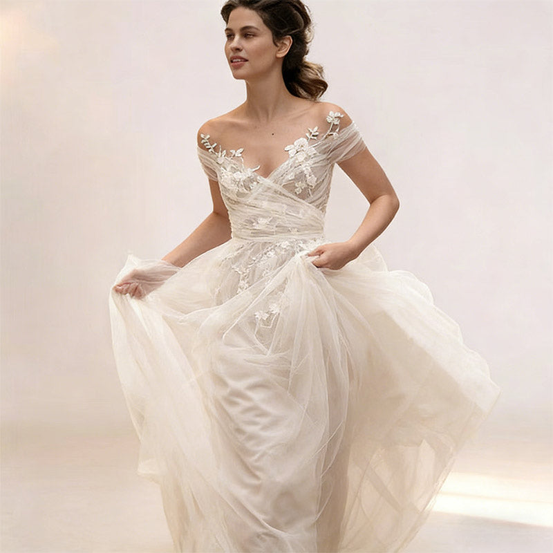 BHstyle Modern Ball-Gown A-Linie Off-Shoulder Tüll 3D-Spitze Edel Anlassmode Strand Weiß Sexy 2-24W