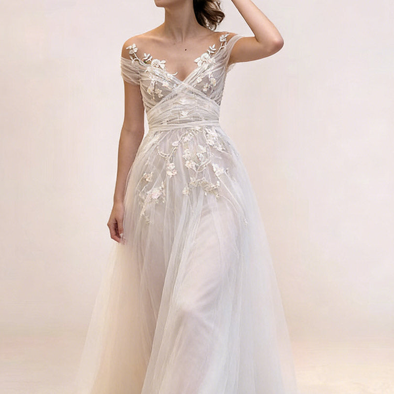 BHstyle Modern Ball-Gown A-Linie Off-Shoulder Tüll 3D-Spitze Edel Anlassmode Strand Weiß Sexy 2-24W