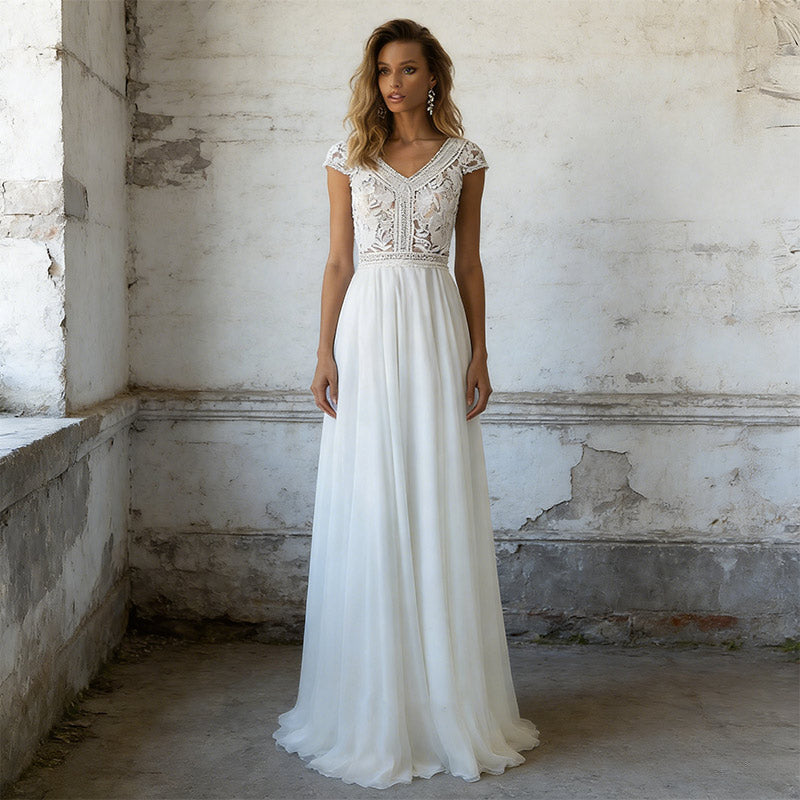 BHstyle Ball-Gown A-Linie Spitze Chiffon Cap-Sleeve V-Ausschnitt Edel Boho Anlassmode Weiß 2-24W