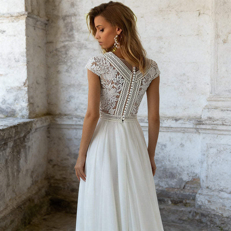 BHstyle Ball-Gown A-Linie Spitze Chiffon Cap-Sleeve V-Ausschnitt Edel Boho Anlassmode Weiß 2-24W