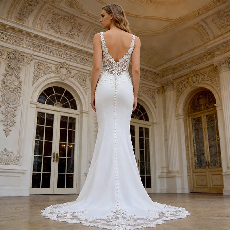 BHstyle Luxus Ball-Gown Meerjungfrau Spitze Sexy V-Ausschnitt Edel Schleppe Anlassmode Weiß 2-24W