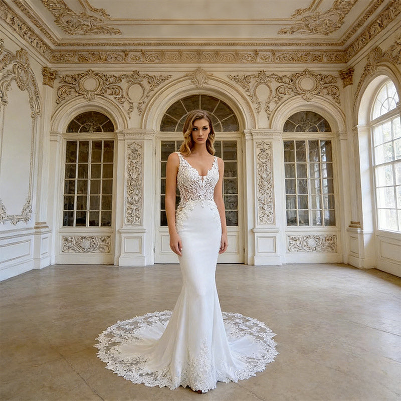 BHstyle Luxus Ball-Gown Meerjungfrau Spitze Sexy V-Ausschnitt Edel Schleppe Anlassmode Weiß 2-24W