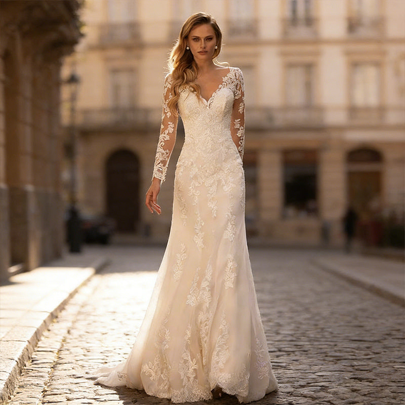 BHstyle Luxus Ball-Gown Meerjungfrau Spitze Sexy V-Ausschnitt Edel Schleppe Anlassmode Weiß 2-24W