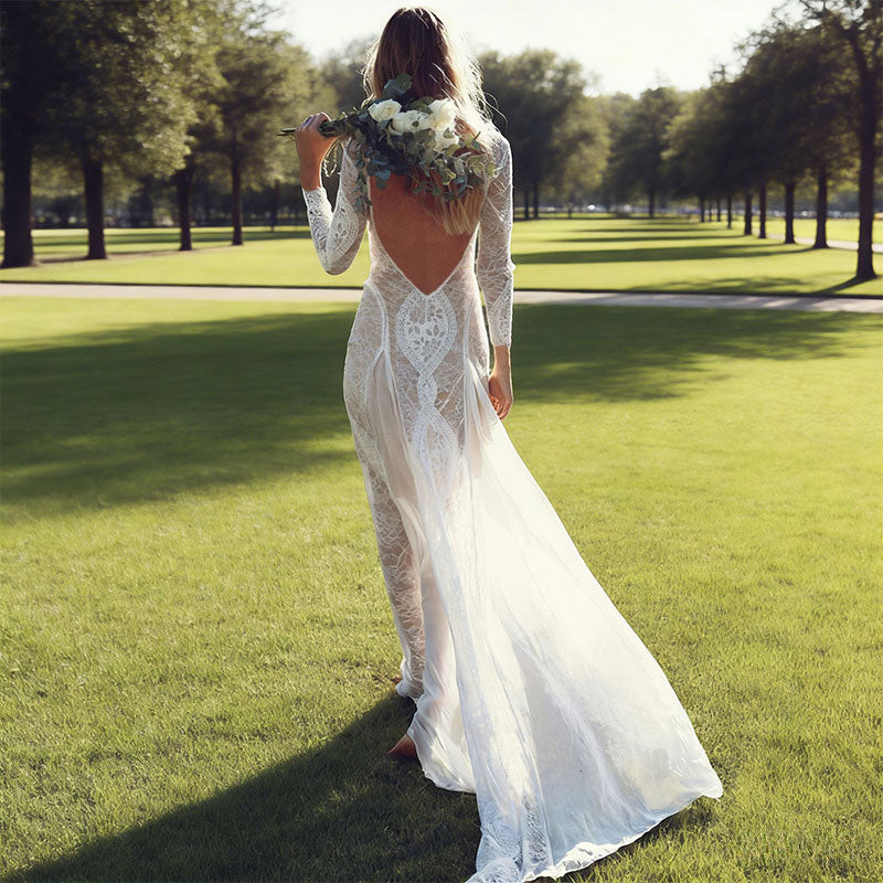 BHstyle Boho Ball-Gown A-Linie Spitze Langarm Rundhals Edel Vintage Anlassmode Weiß Sexy Schlitz 2-24W