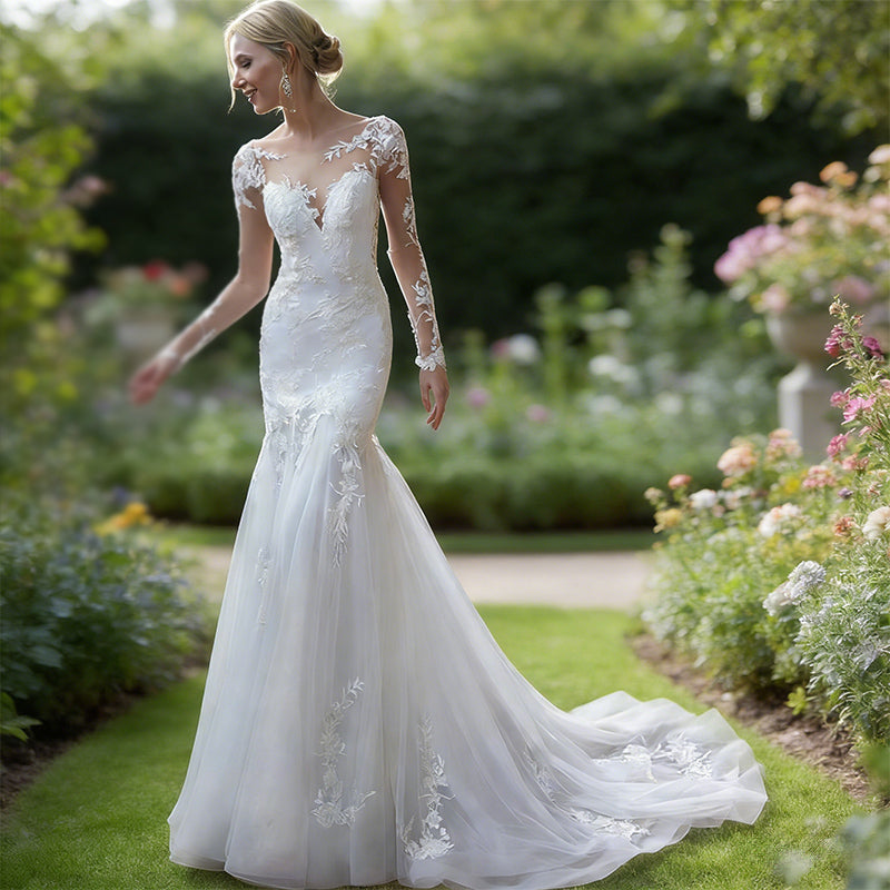 BHstyle Modern Ball-Gown One-Shoulder Langarm Schlitz Edel Anlassmode Satin Weiß Sexy Elegant 2-24W