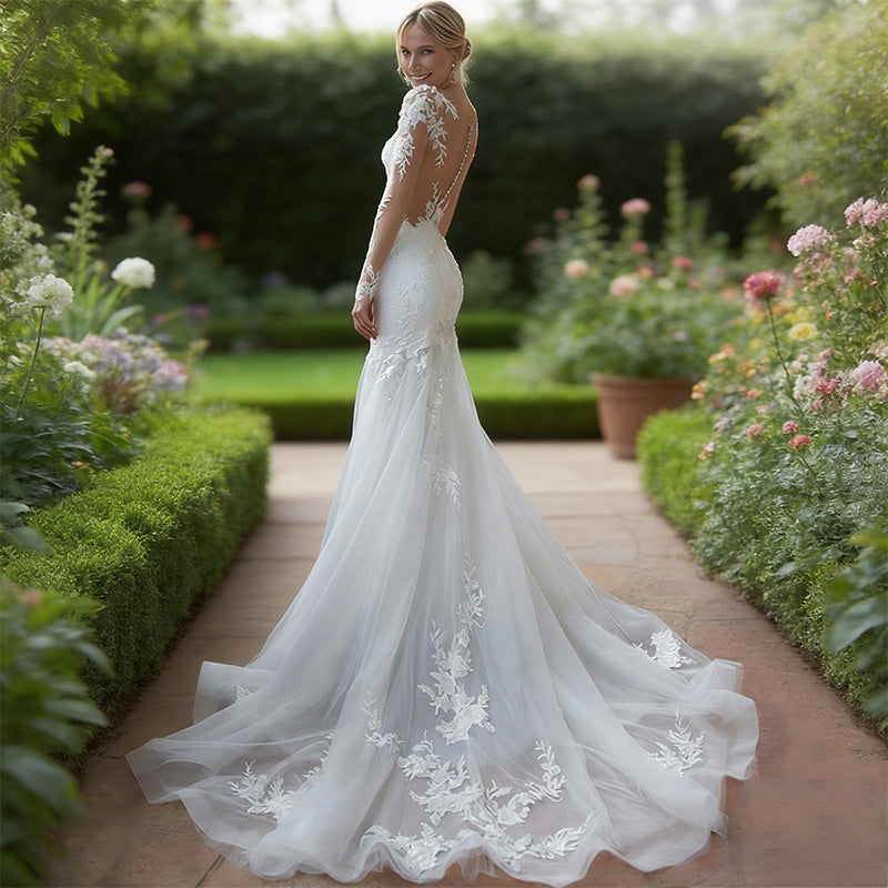 BHstyle Modern Ball-Gown One-Shoulder Langarm Schlitz Edel Anlassmode Satin Weiß Sexy Elegant 2-24W