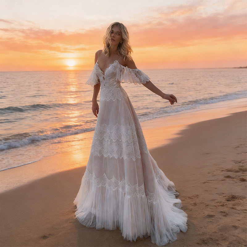 BHstyle Luxus Ball-Gown Spitze Langarm Sexy V-Neck Edel Schleppe Anlassmode Weiß 2-24W