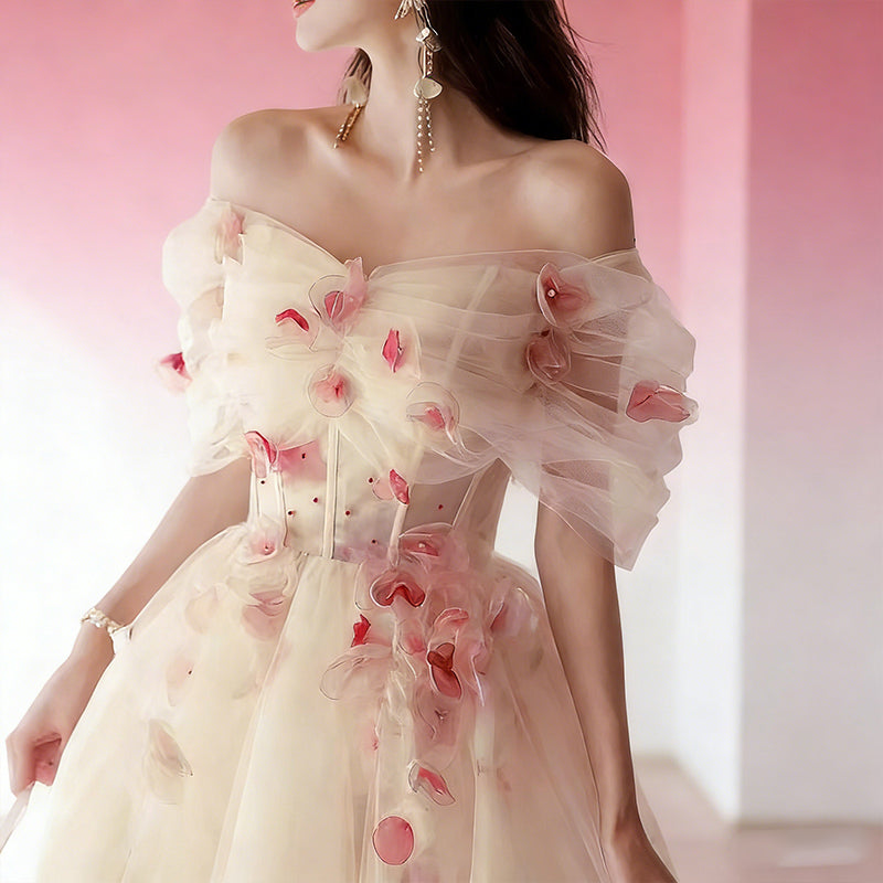 BHstyle Prinzessin Ball-Gown 3D-Blüten Off-Shoulder Rosa Champagner Edel Tüll Anlassmode 2-24W