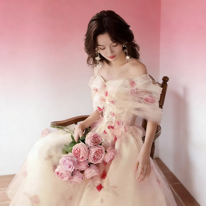 BHstyle Prinzessin Ball-Gown 3D-Blüten Off-Shoulder Rosa Champagner Edel Tüll Anlassmode 2-24W