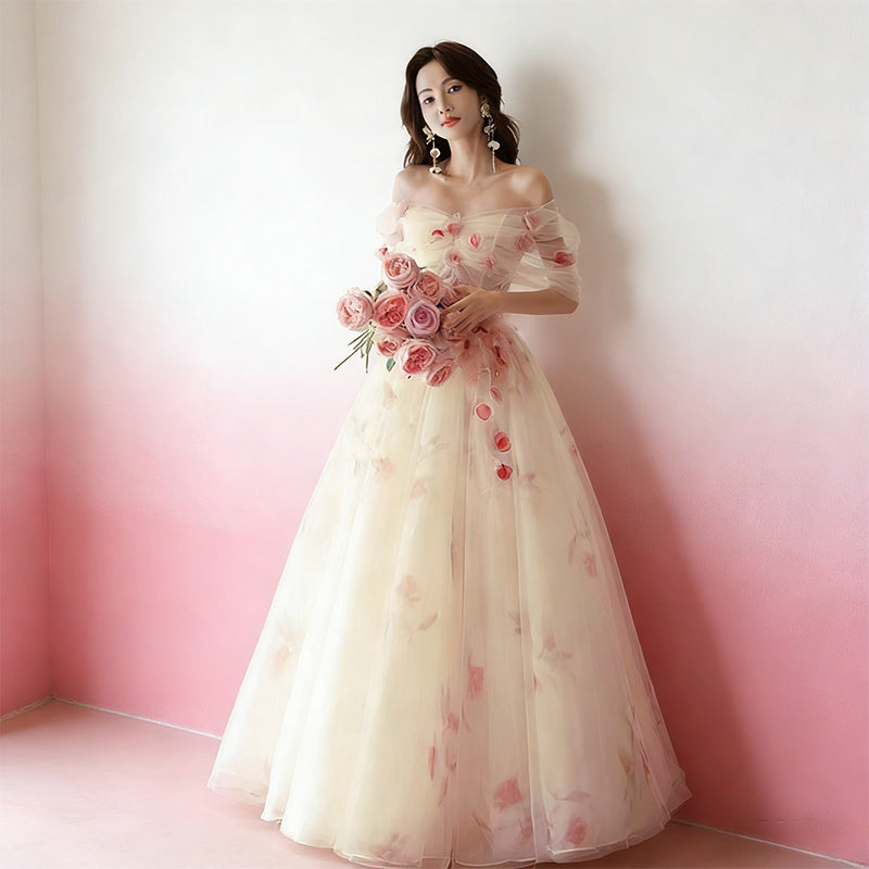 BHstyle Prinzessin Ball-Gown 3D-Blüten Off-Shoulder Rosa Champagner Edel Tüll Anlassmode 2-24W