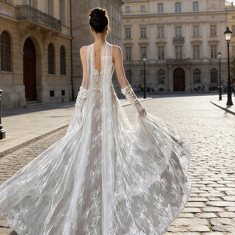 BHstyle Ball-Gown A-Linie Spitze Halterneck Sexy V-Ausschnitt Edel Rückenfrei Weiß Anlassmode 2-24W