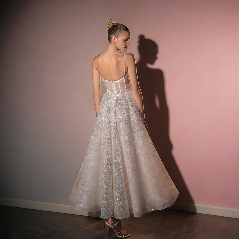 BHstyle Glitzer Ball-Gown Kurz A-Linie Pailletten Party Edel Anlassmode Weiß Sexy Elegant 2-24W