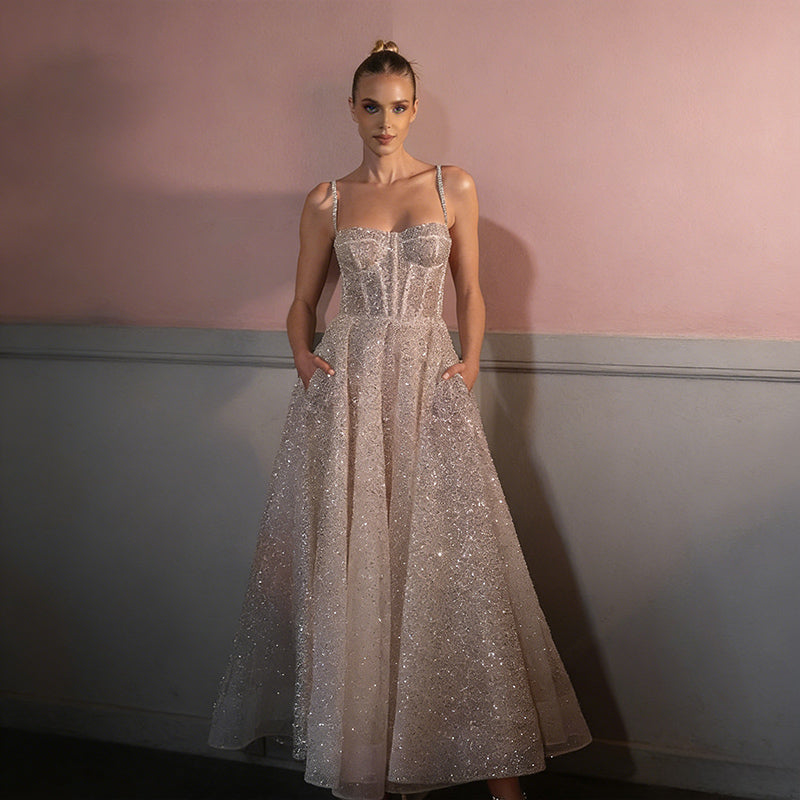 BHstyle Glitzer Ball-Gown Kurz A-Linie Pailletten Party Edel Anlassmode Weiß Sexy Elegant 2-24W