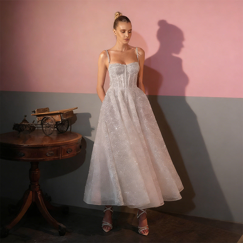 BHstyle Glitzer Ball-Gown Kurz A-Linie Pailletten Party Edel Anlassmode Weiß Sexy Elegant 2-24W