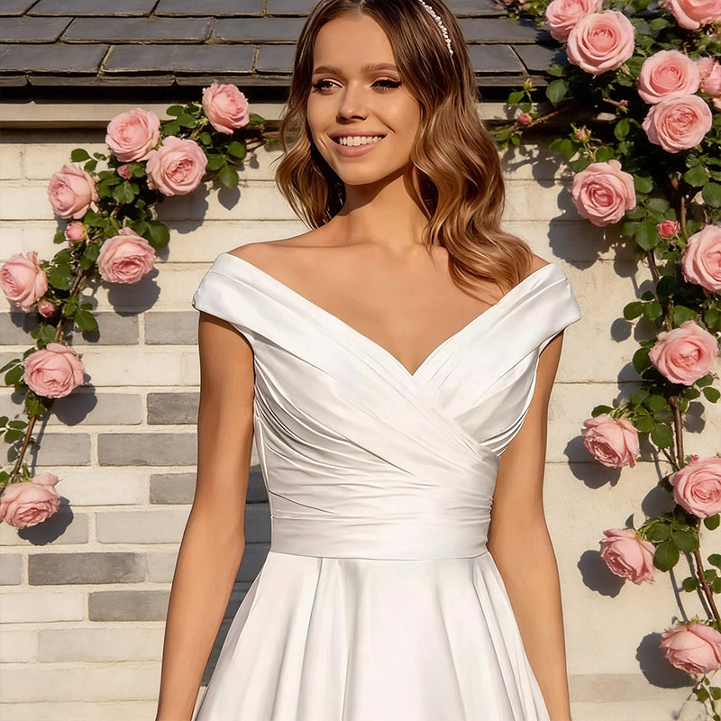 BHstyle Ball-Gown Satin Weiß V-Ausschnitt Edel Retro Anlassmode Prinzessin Sexy Elegant Modern 2-24W