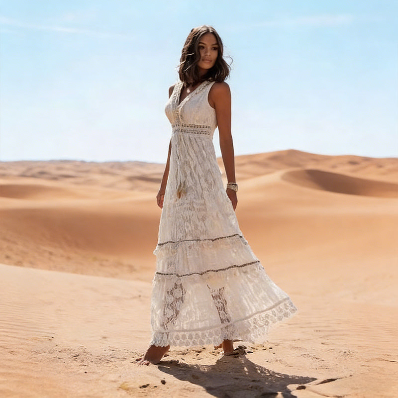 BHstyle Boho Ball-Gown V-Ausschnitt Spitze Ärmellos Edel Retro Strand Weiß Sommer Quasten Maxikleid 2-24W