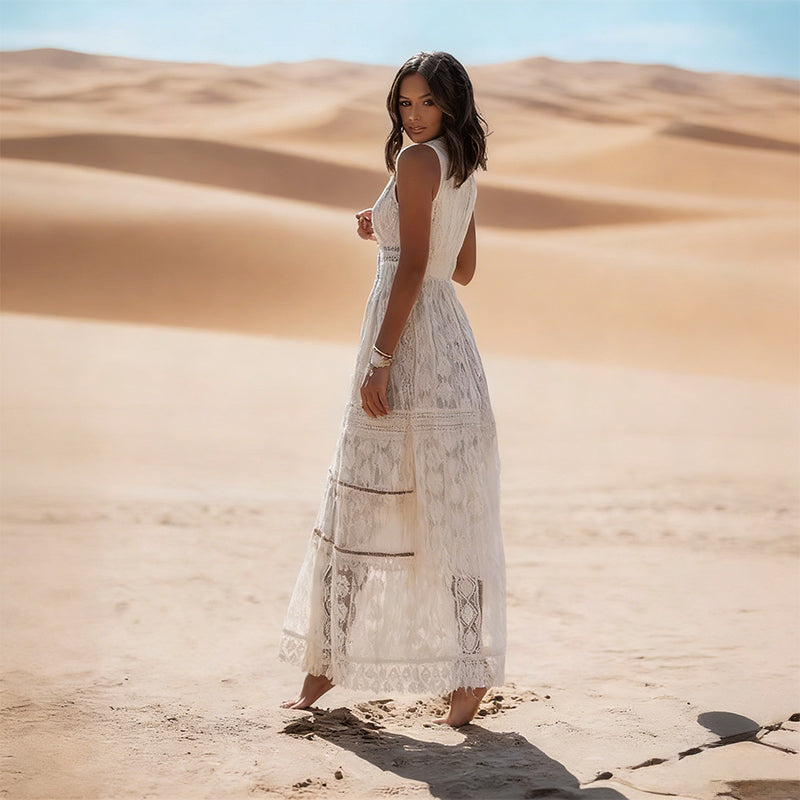 BHstyle Boho Ball-Gown V-Ausschnitt Spitze Ärmellos Edel Retro Strand Weiß Sommer Quasten Maxikleid 2-24W