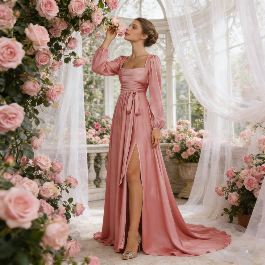 BHstyle Abendkleid Satin Koralle Langarm Schlitz Edel Retro Viereck-Ausschnitt Party Elegant Sexy 2-24W