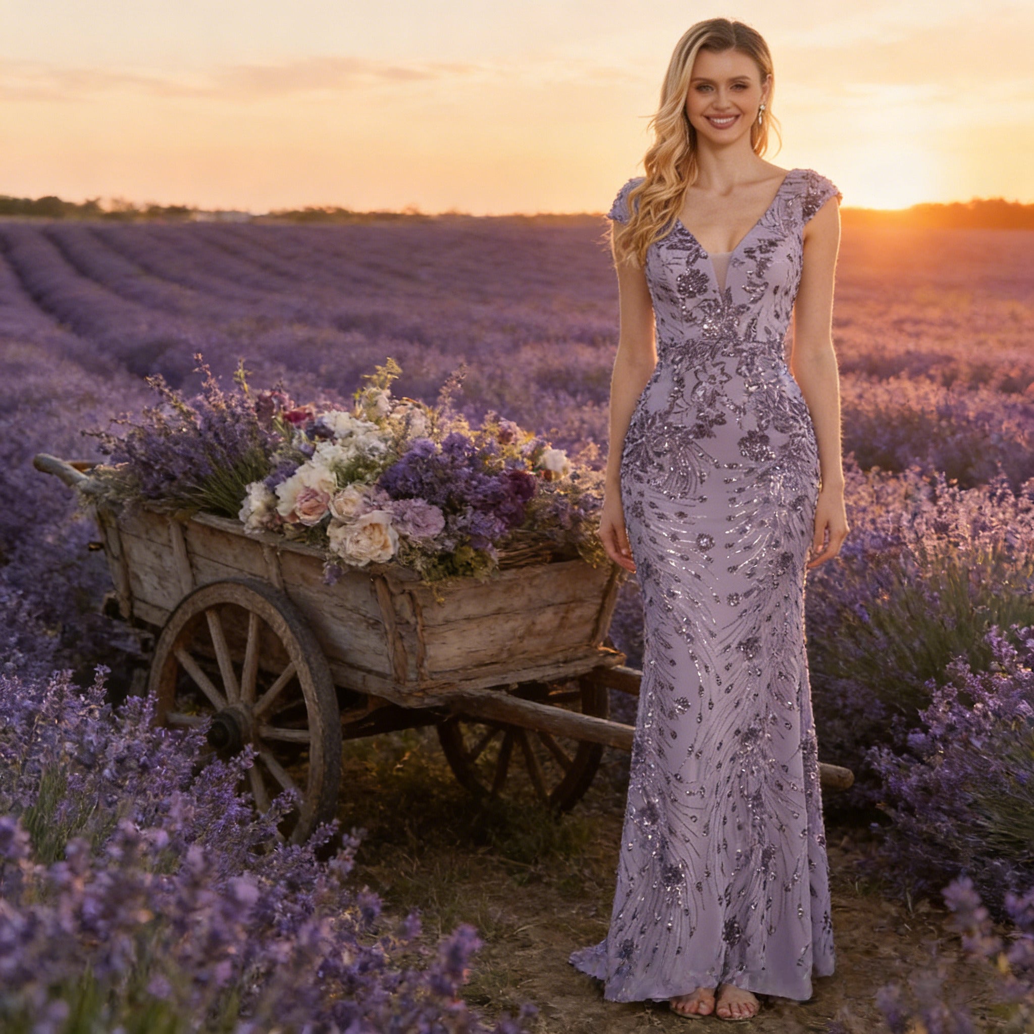 BHstyle Glamouröses Abendkleid Hellviolett mit Pailletten Meerjungfrau Schnitt V Ausschnitt Gala Kleider