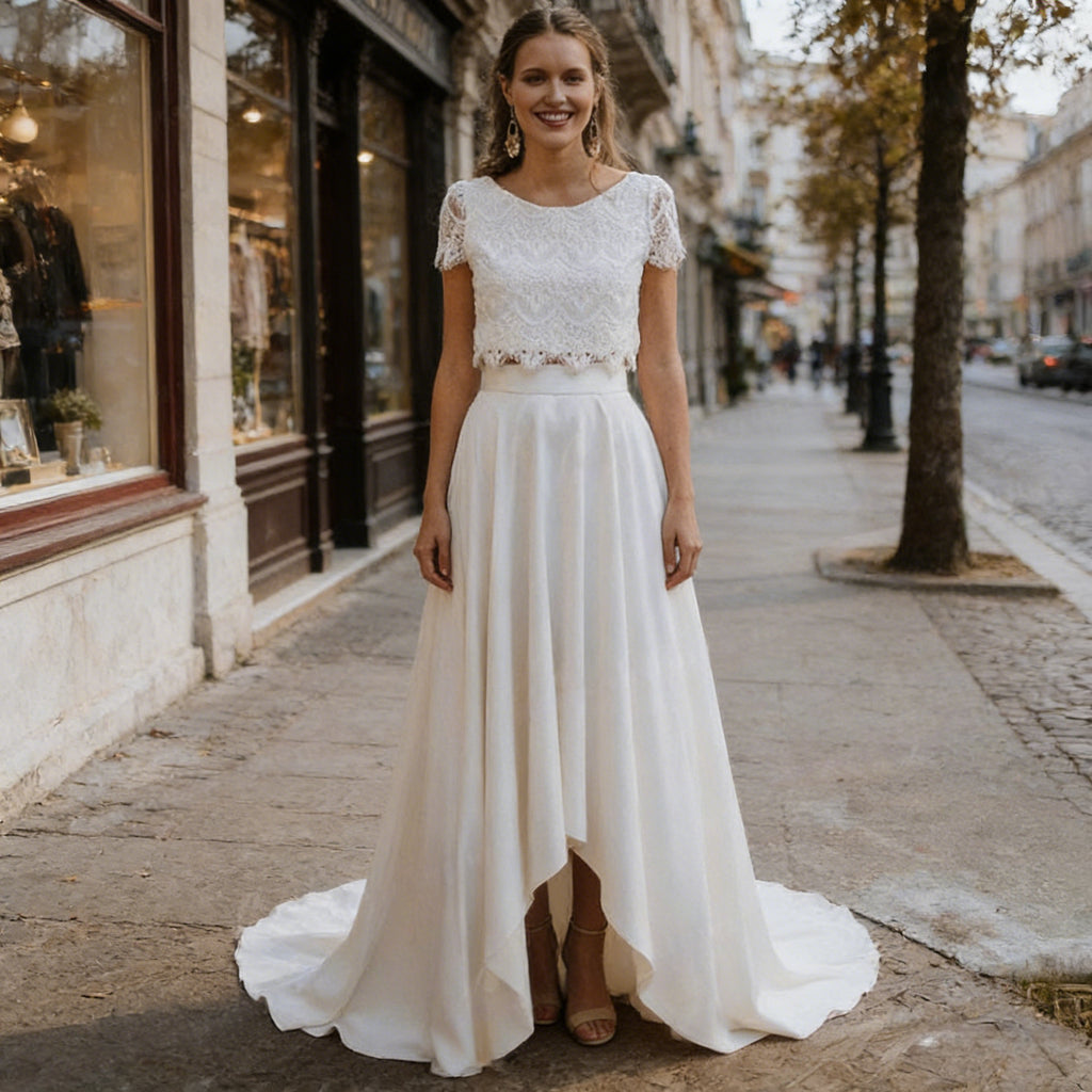BHstyle Ball-Gown Weiß Spitze Zweiteiler Vokuhila Edel Retro Anlassmode Strand Hochzeit Sexy Modern 2-24W