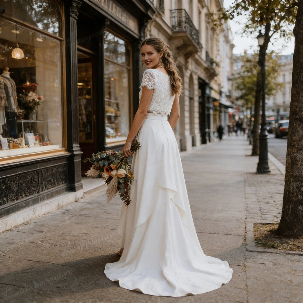 BHstyle Ball-Gown Weiß Spitze Zweiteiler Vokuhila Edel Retro Anlassmode Strand Hochzeit Sexy Modern 2-24W